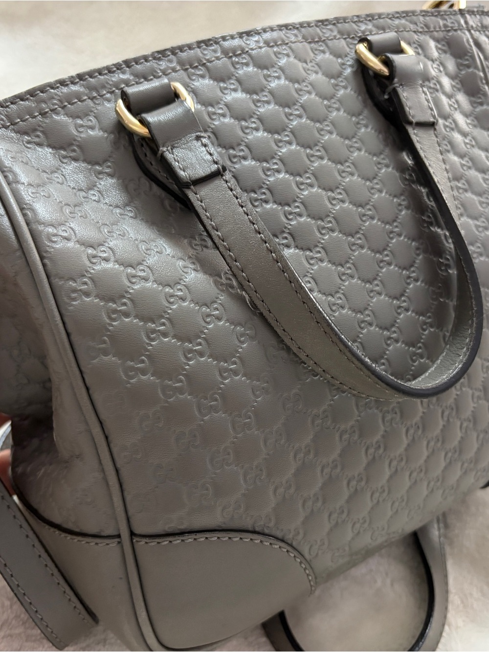 Gucci Mini Bree Tote Grey Embossed GG Satchel with Gold Hardware